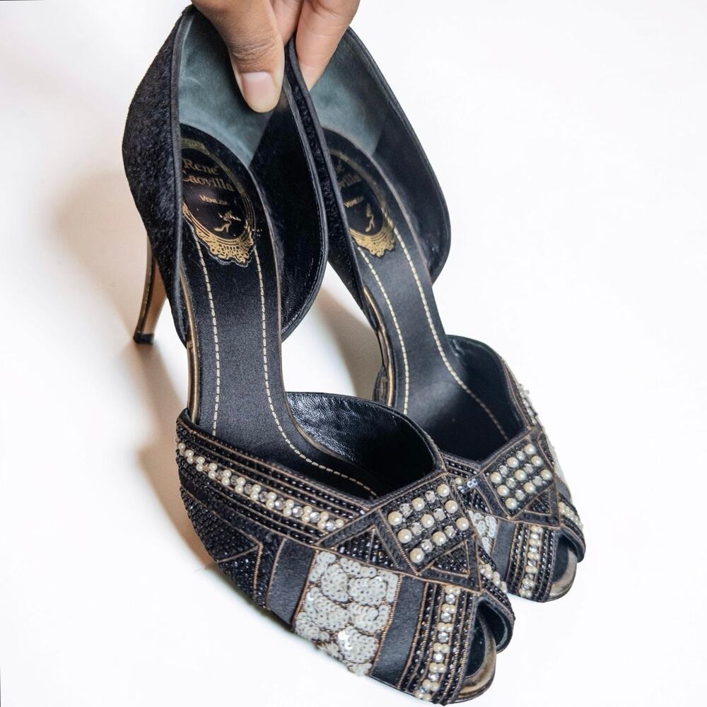 Vintage Y2K Rene Caovilla Beaded Peep Toe Heels Haircalf Satin D’Orsay 38